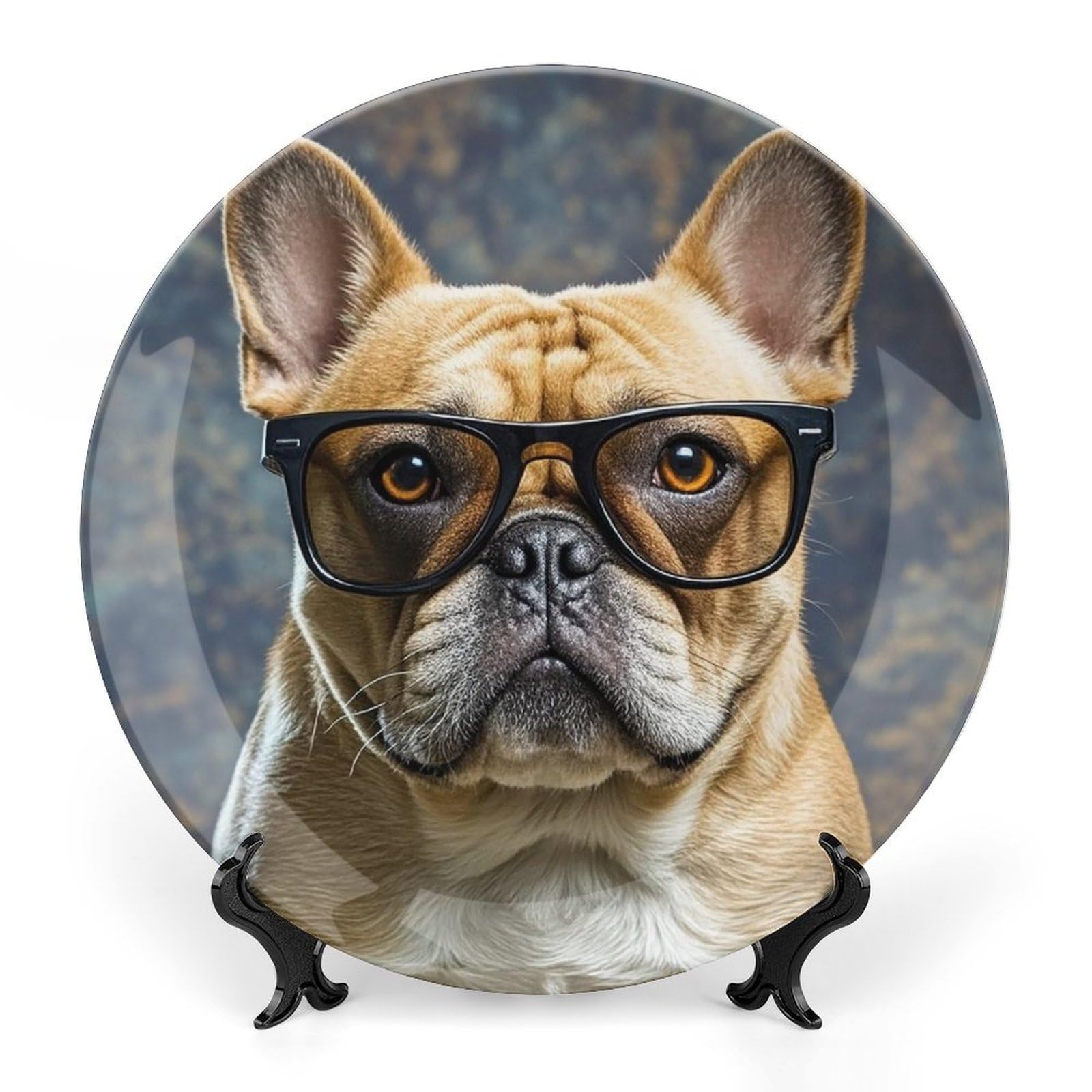 Assiette décorative bouledogue à lunettes en porcelaine chic avec son support vertical pour salon