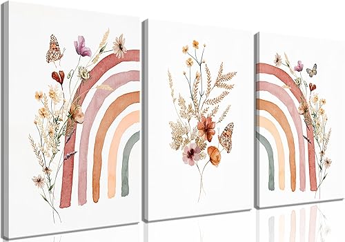 3 piezas de lienzo enmarcado de arco iris bohemio, impresiones artísticas de pared de flores silvestres arco iris, decoración de pared para niñas,