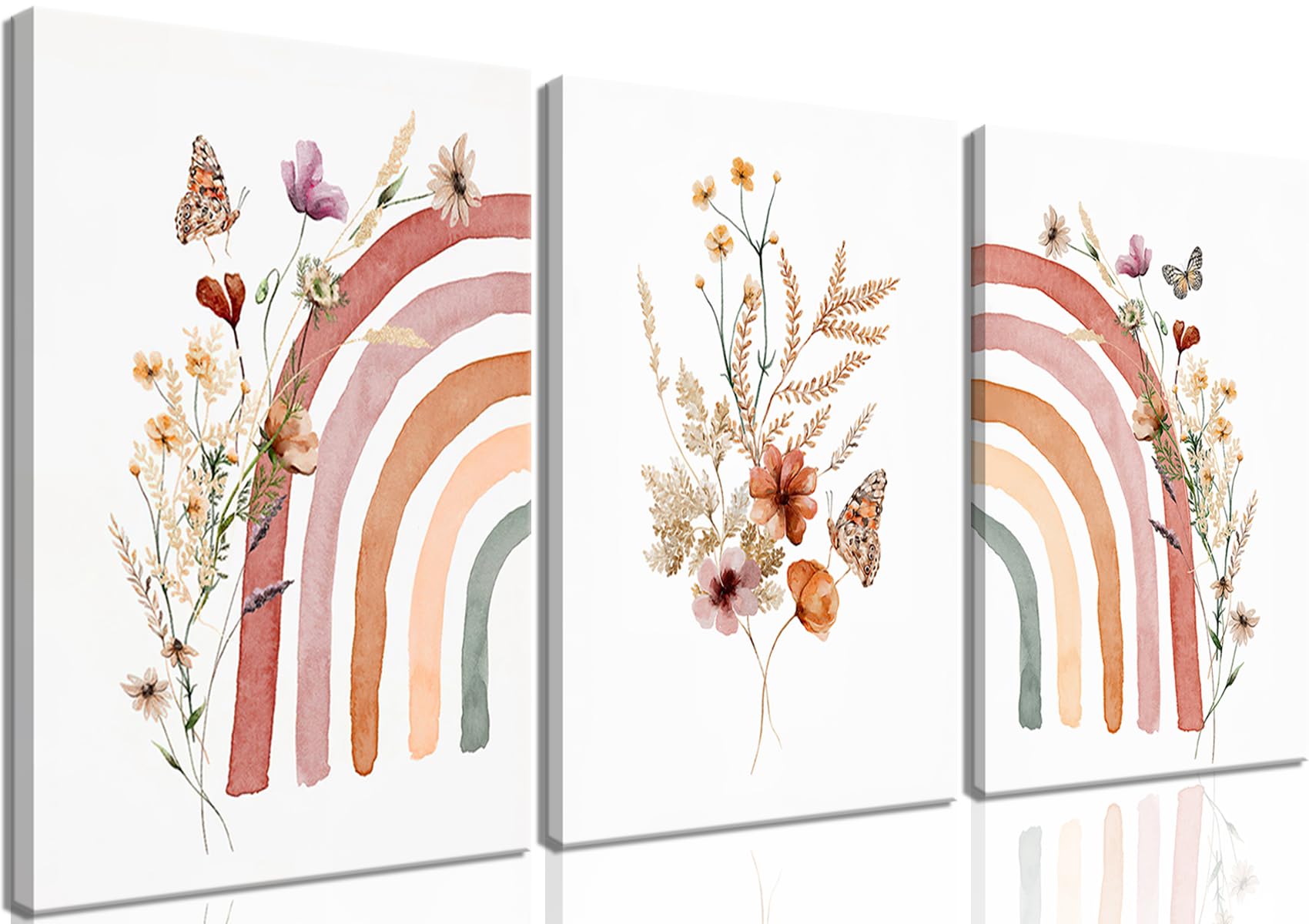 AKWISH Boho Rainbow Wall Art for Girls Room - Set of 3 Framed Wildflower Canvas Prints for Nursery, Baby Girl Room, Kids or Dorm Decor - Soft Pastel Botanical Bohemian Wall Decor 12x16in — image 1
