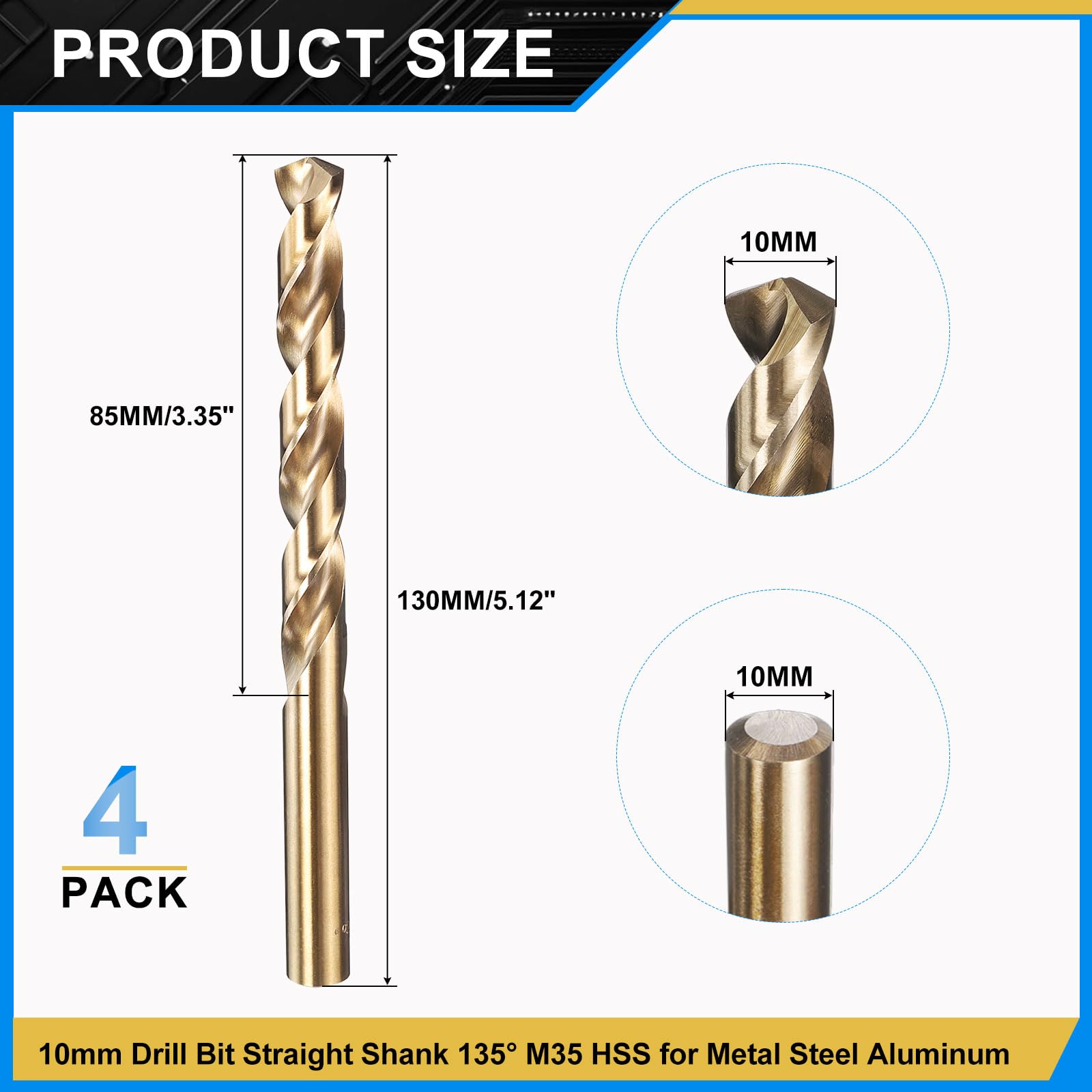 PATIKIL 10mm Drill Bit, Jobber Straight Shank M35 Cobalt 5% High-Speed Steel 135 Gold Finish for Stainless Steel Hard Metal - 4 Pack - Image 2