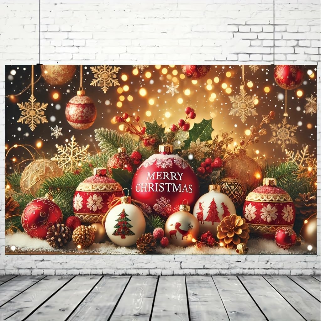 Christmas Party Decoration 71x43 Inch Merry Christmas Ball Ornament Pine ConeSnowflake Gift Box Holly Bell Holiday Scene ndoor Outdoor Xmas Celebration Decor