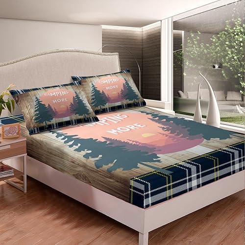 Vista 60 de Camper Decor Sábanas de cama Happy Camping, sábana bajera ajustable de campamento con juego de cama de montaña, juego de cama de verano para Multi 04