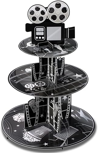 Miniatura 9 de Soporte para magdalenas de noche de película de 3 niveles, soporte de cartón para magdalenas, decoraciones de fiesta de cumpleaños para películas