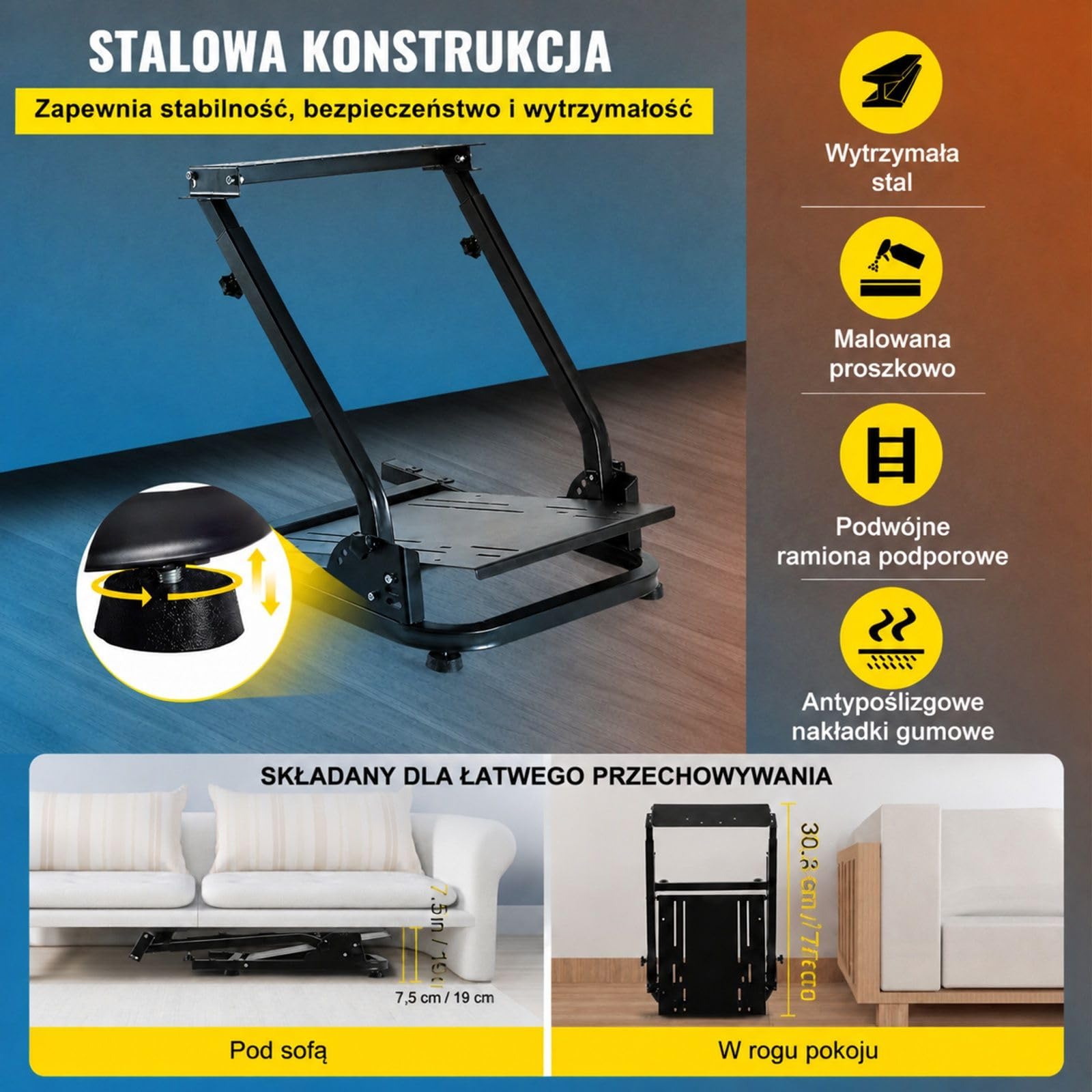 Składany stojak na kierownicę do symulatora wyścigowego ze stali węglowej z uchwytem na dźwignię zmiany biegów