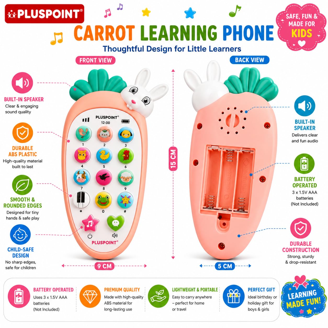 PLUSPOINT Rabbit Bunny Toy Phone for Toddlers | Carrot Style Musical Mobile with Animal Sounds, Songs & Flashing Lights | Pretend Play Educational Learning Toy | Birthday Return Gift for Boys & Girls 3