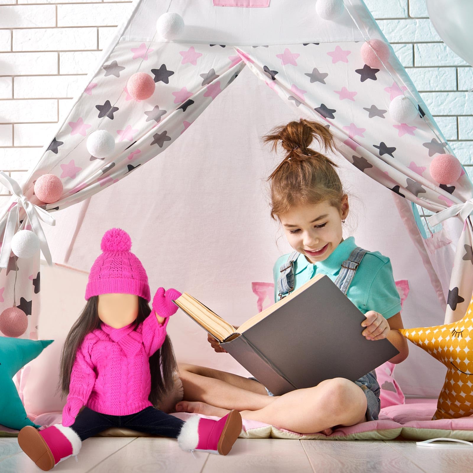 Bencailor Christmas 18 Inch Doll Clothes and Accessories Winter Outfits Set Sweaters Trousers Hats Shoes for 18 Inch Doll Gifts(Rose Red)