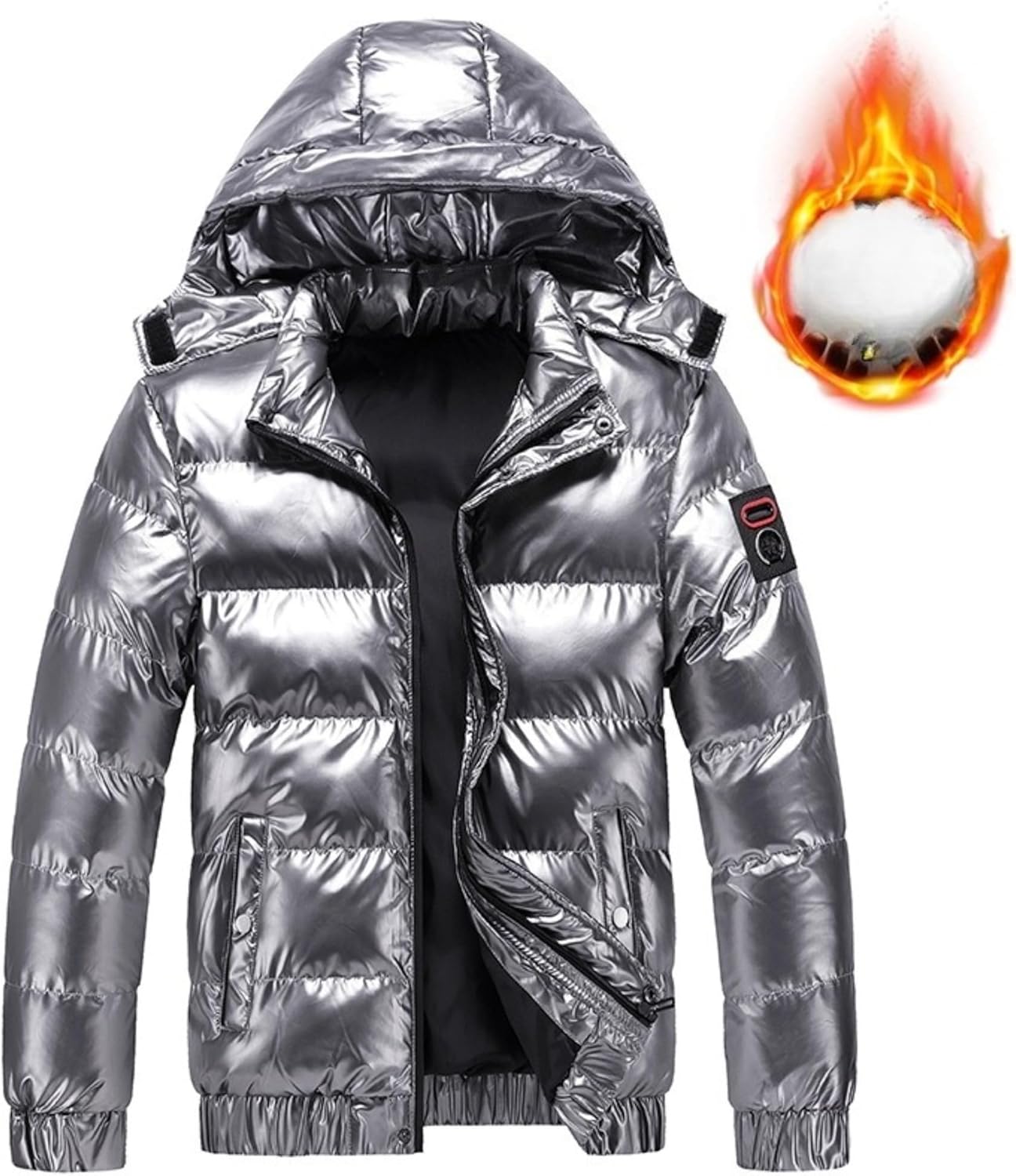 DGHM-JLMY Men's Glossy Padded Winter Hood Coat Warm Plus Size Shiny Hooded Coat Metallic Full Zip Down Quilted Puffer Jacket (SilverA3,XX-Large)