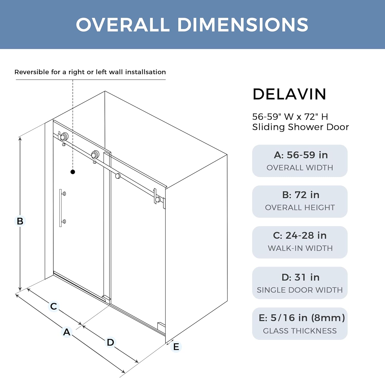 Diagram illustrating the overall dimensions of the DELAVIN 56-59 inch W x 72 inch H sliding shower door, including overall width, height, walk-in width, single door width, and glass thickness.