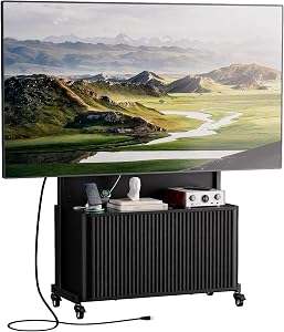 Planimetry Rolling TV Stand with Mount for 32-75 Inch TVs, Height Adjustable Mobile TV Stand with Lockable Wheels, Fluted Cabinet Entertainment Center with Power Outlet & Storage, Black