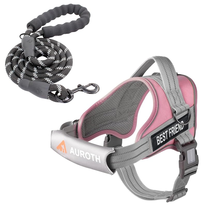 Peitoral para cães grandes com guia, nylon e detalhes refletivos AUROTH Pink XL (pescoço 60,96–83,06 cm; peito 81,03–111,00 cm)