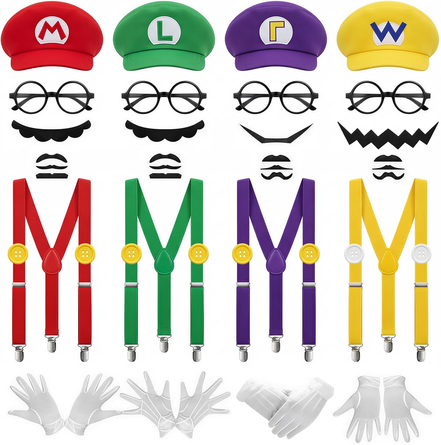 4Pcs Super Bros Costume Accessories Set with Glasses – Hats, Mustaches, Suspenders, Gloves, Buttons for Halloween, Cosplay, Christmas, Birthday & Theme Parties