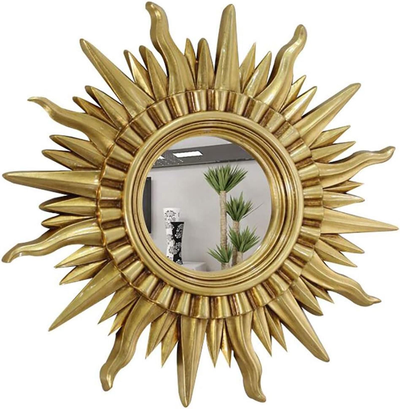 Wall Sun Decor Sunburst Mirror Beautiful Nice Gift Painted Carved Round Sun Glod-Handmade Wall Decor for Living Room Bedroom Hallway (Color : Gold)