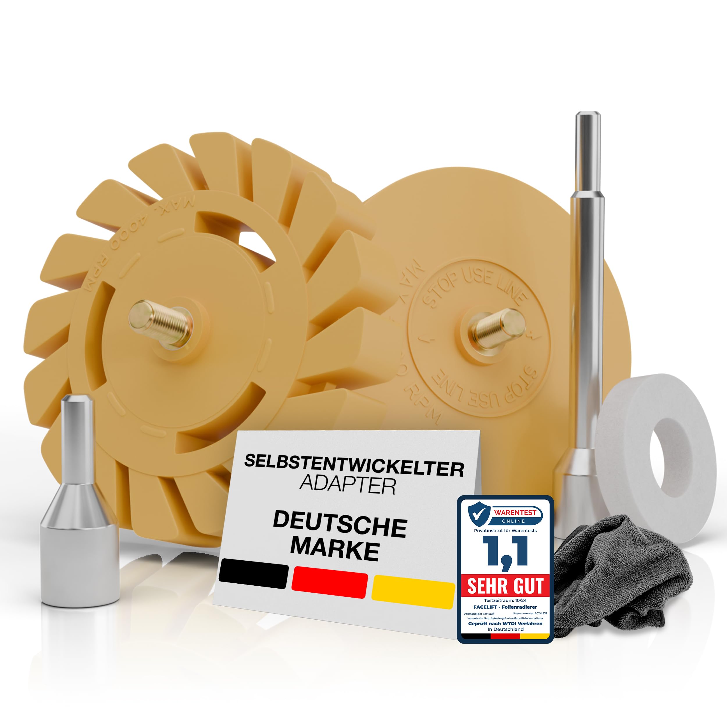 FACELIFT Folienradierer Set - ⌀ 90 mm Aufkleber Entferner + ⌀ 100 mm Lamellenradierer – Extra ProReach Adapter + Schutzring + Mikrofasertuch - Ideal um Klebereste zu entfernen