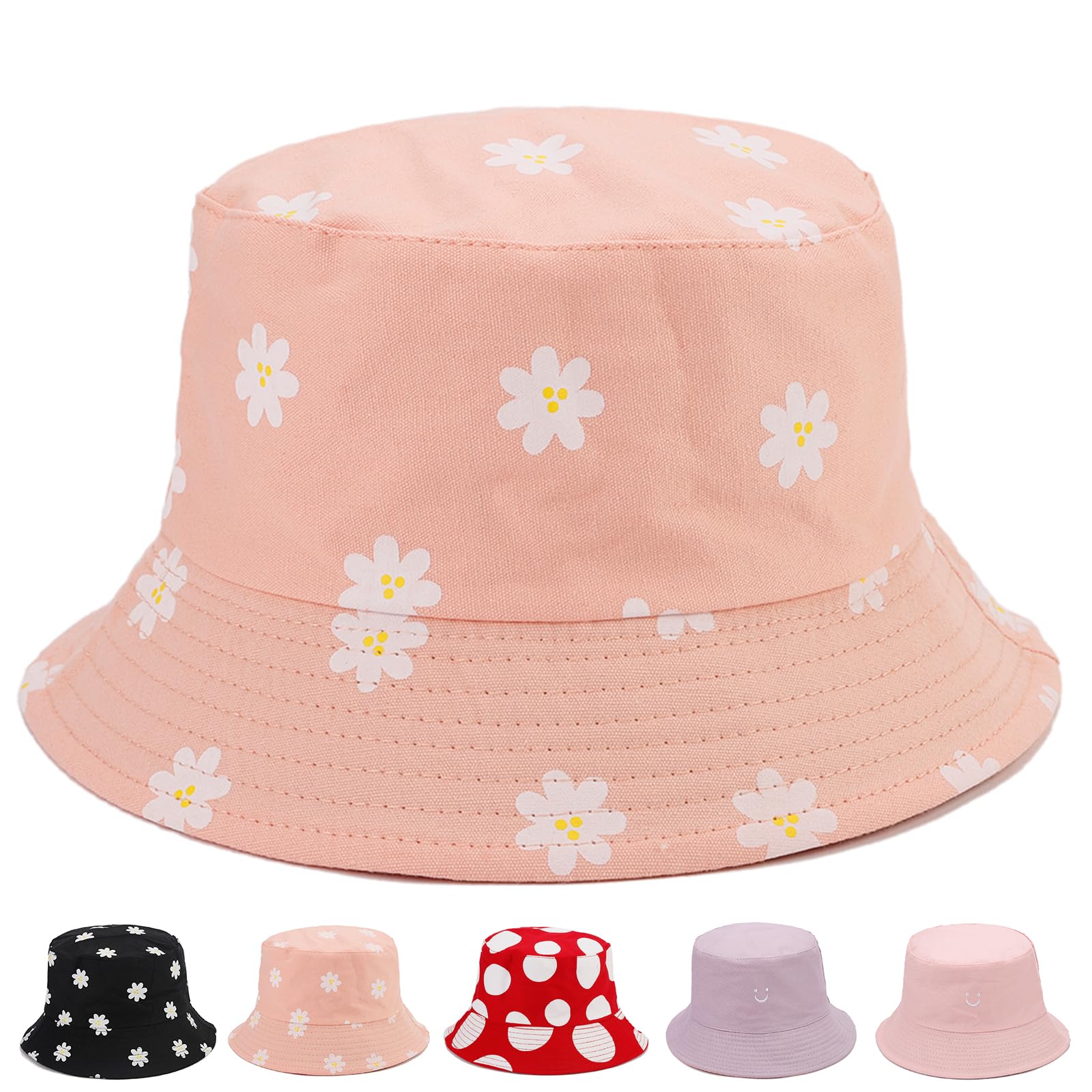 Henmud Bucket Hat for Women Girls, Reversible Beach Sun Hat Double-Side-Wear Fishing Bucket Hats
