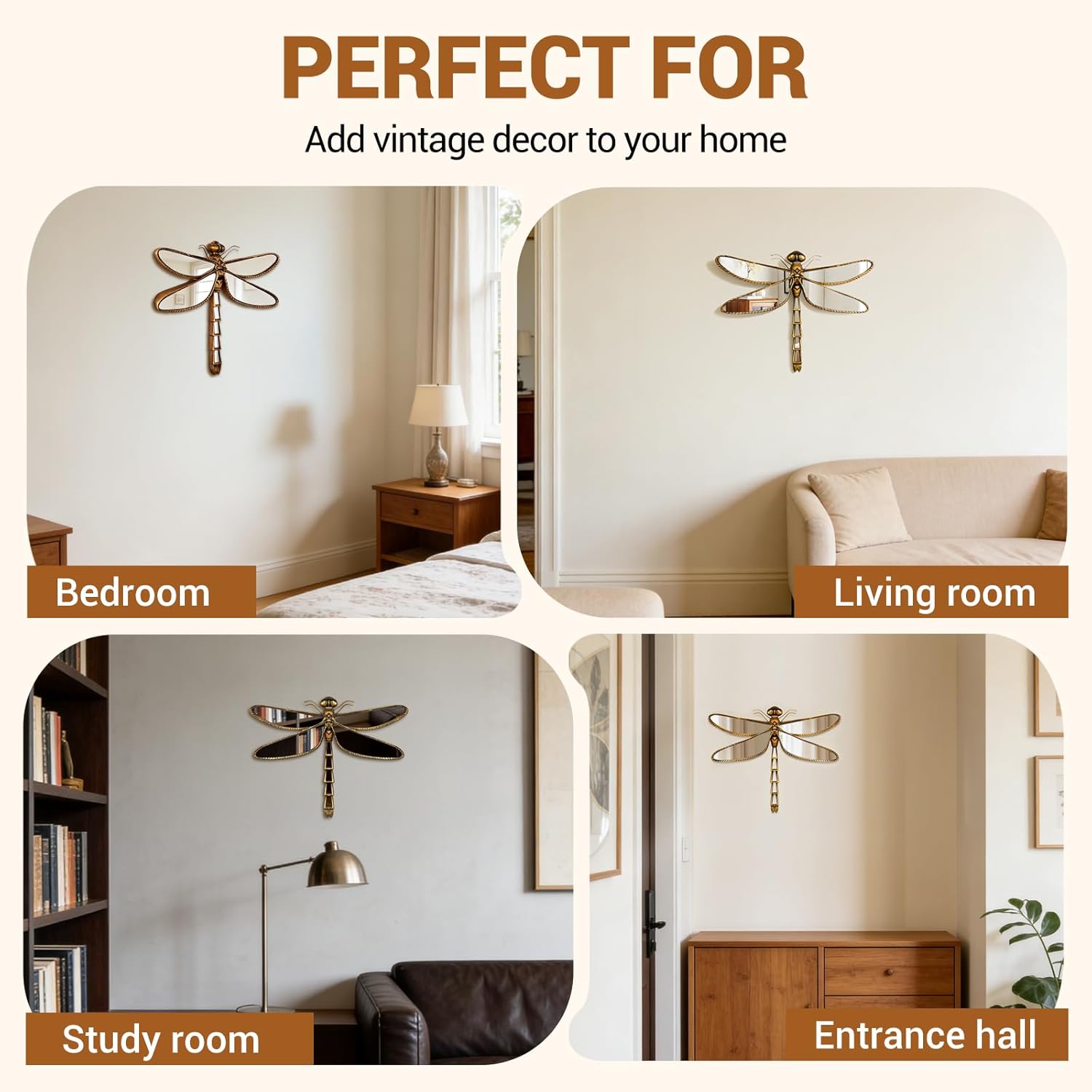 Dragonfly Mirror Wall Decor, Gold Butterflys Wall Decor, Creative Dragonfly Mirror Glass WallDecor for Living Room & Bedroom, Perfect for Victorian & European Themed Homes