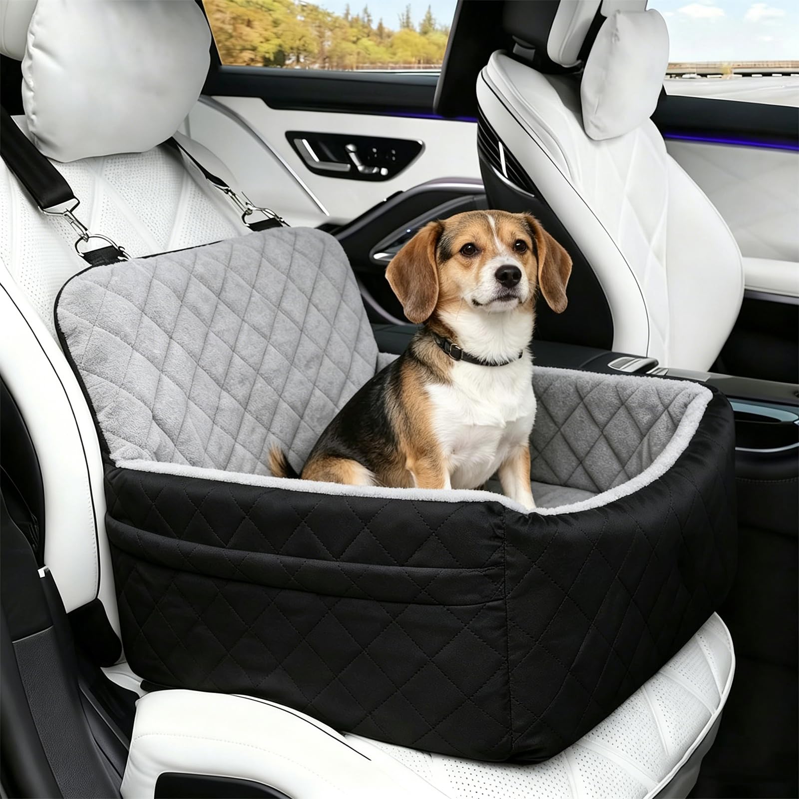 Hunde Autositz, Plüsch Hundesitz Auto für kleine Hunde bis zu 9 kg, Hundebox Auto mit Aufbewahrungstaschen und Sicherheitsgurt, weiches Reisebett für Haustiere für Vorder und Rücksitze (Schwarz+Grau)