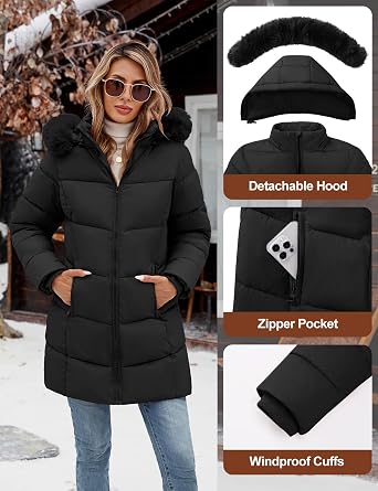 HEEKPEK Womens Winter Coats Water Repellent Thicken Warm Fleece Lined Puffer Jacket Long with Detachable Faux Fur Hood Parka