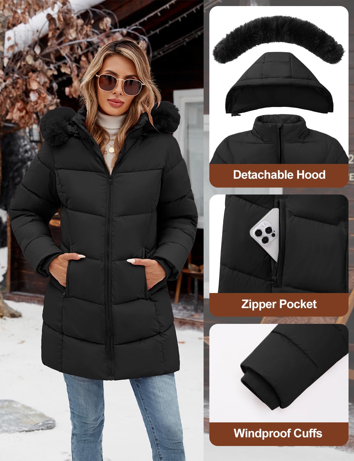 Tuopuda Cappotto Giubbotto Donna Invernale Giacca Cappotti Imbottita Caldo Parka Slim Fit Felpa con Cappuccio in Pelliccia Staccabile Giacche Trapuntato Giaccone Outdoor
