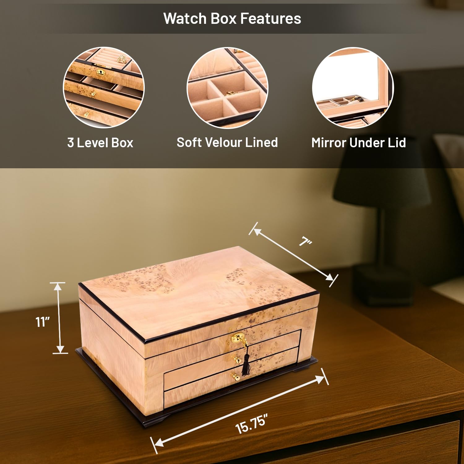 Bey-Berk Birdseye Maple Lacquered Wood Jewelry Chest with Gold Accents, 3-Level Drawers, Mirror & Soft Velour Lining