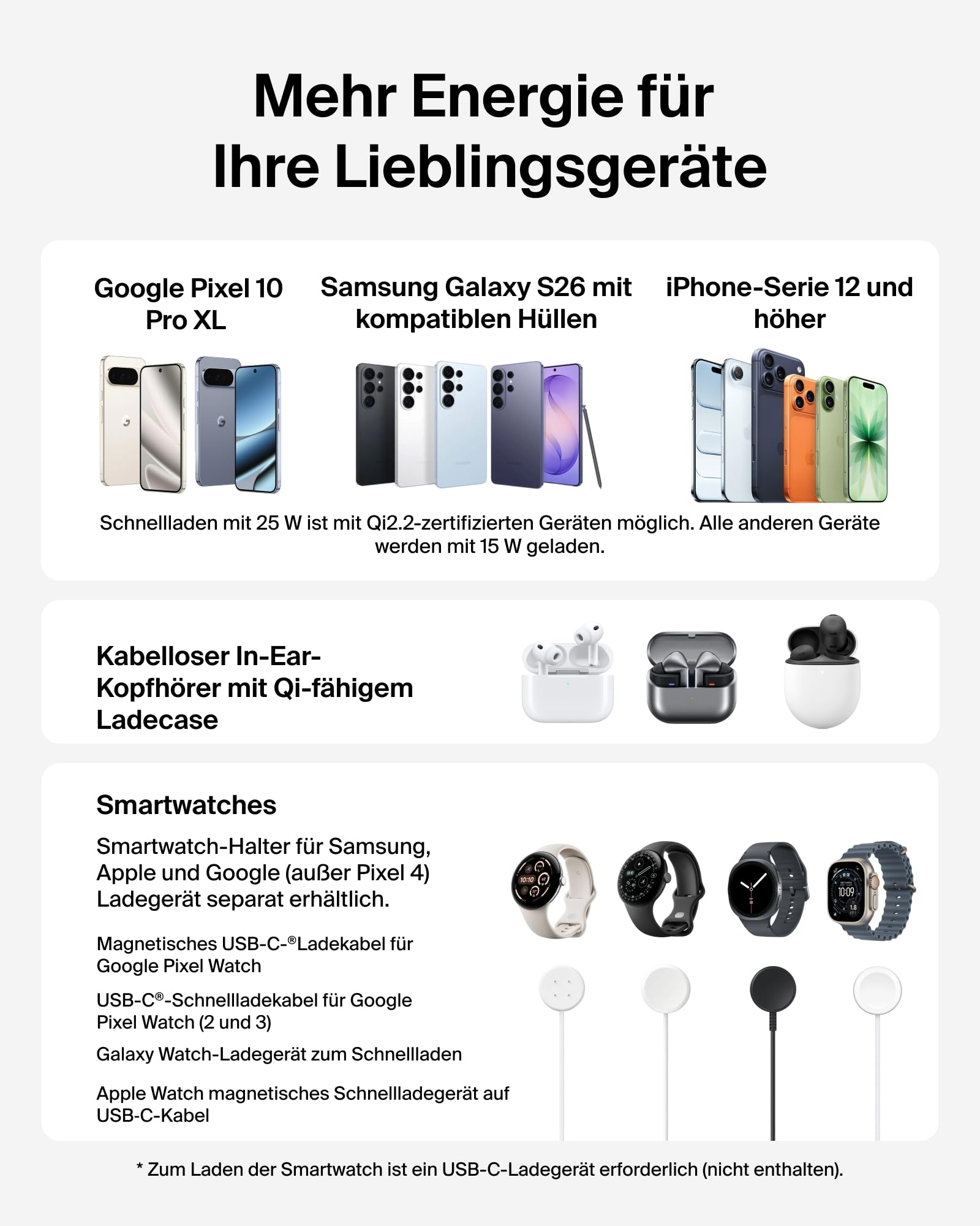 Belkin UltraCharge 3-in-1 Induktive Ladestation mit Qi2, 25W – Schwarz | Qi2.2-zertifiziert, Kabelloses Ladegerät mit USB-C-Port, Wireless Charger für iPhone, Galaxy, Kopfhörer; mit 45W Netzteil