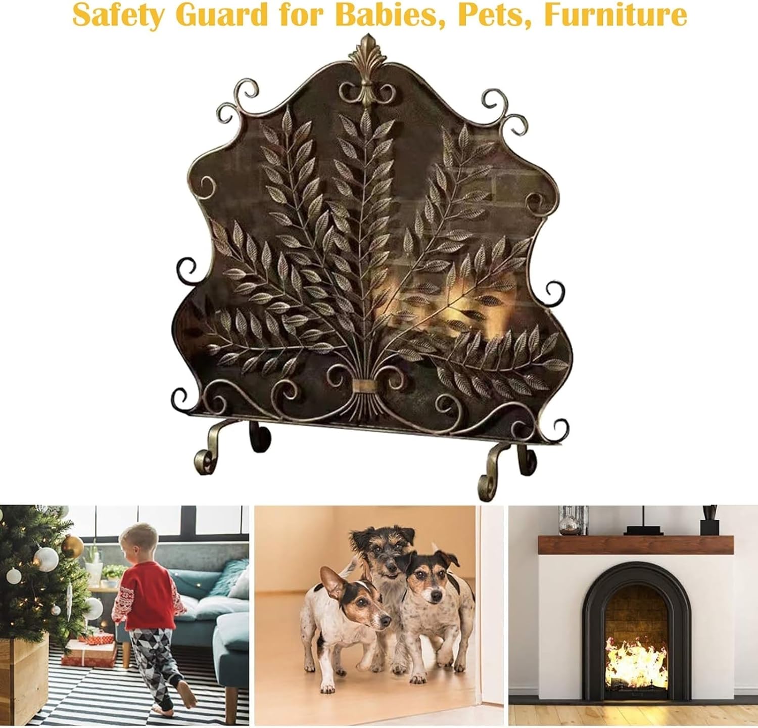 Wrought Iron Single Panel Fireplace Screen, 85cm x 85cm, Stand Alone Spark Guard with Leaf Pattern, Durable Stove Curtain for Safety and Style