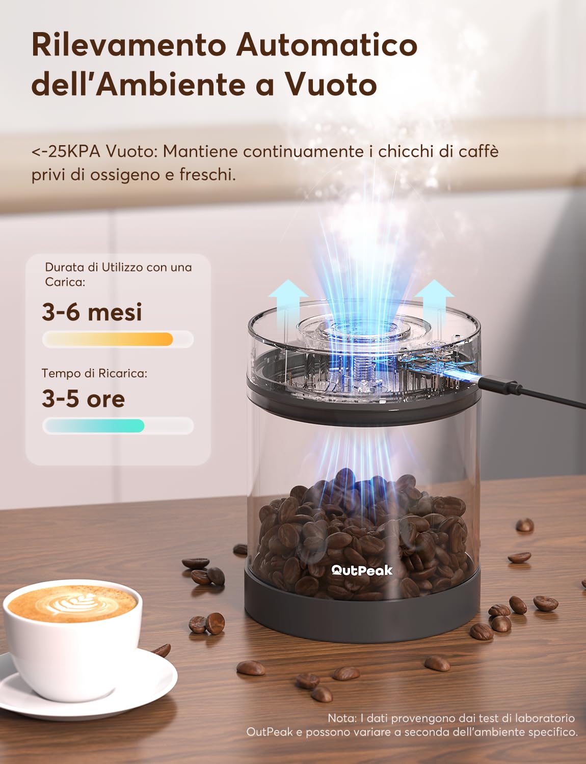OUTPEAK Neo 2025 Kilo - Barattolo Sottovuoto Automatico per Caffè, Capacità 1,5 L, per Chicchi in Grani, Funzionamento Con Un Pulsante, Contenitore in Acciaio Inox