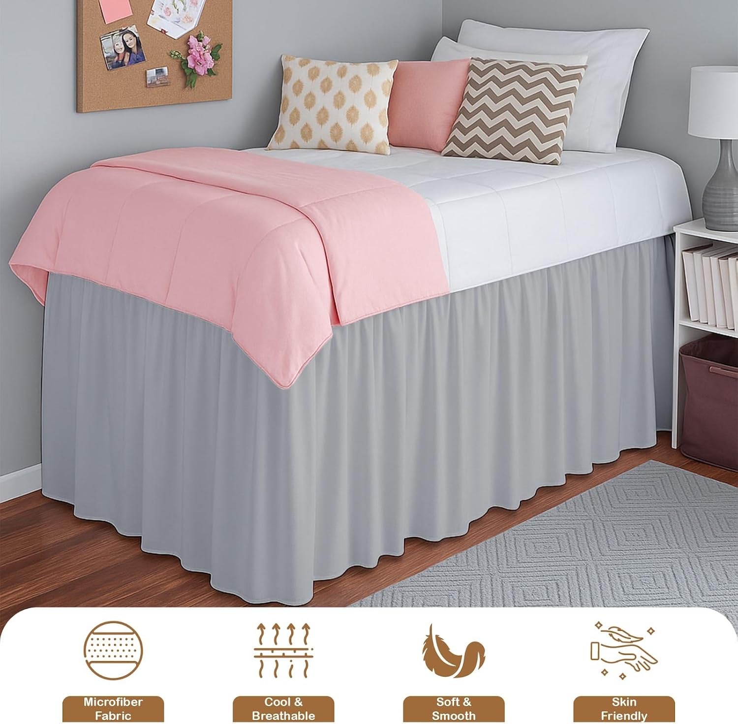 Dorm Room Bed Skirt, 100% Microfiber, Extra Long 32” Drop Dust Ruffle, Twin-XL Size, Ideal for College Loft Beds, Easy Care, Silver Grey