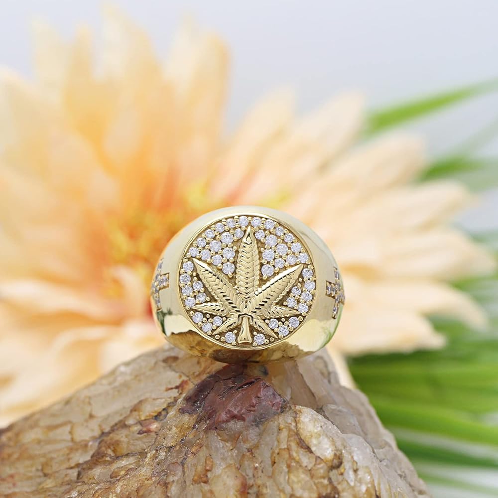 AFFY Round Cut White Cubic Zirconia Cannabis Leaf Marijuana