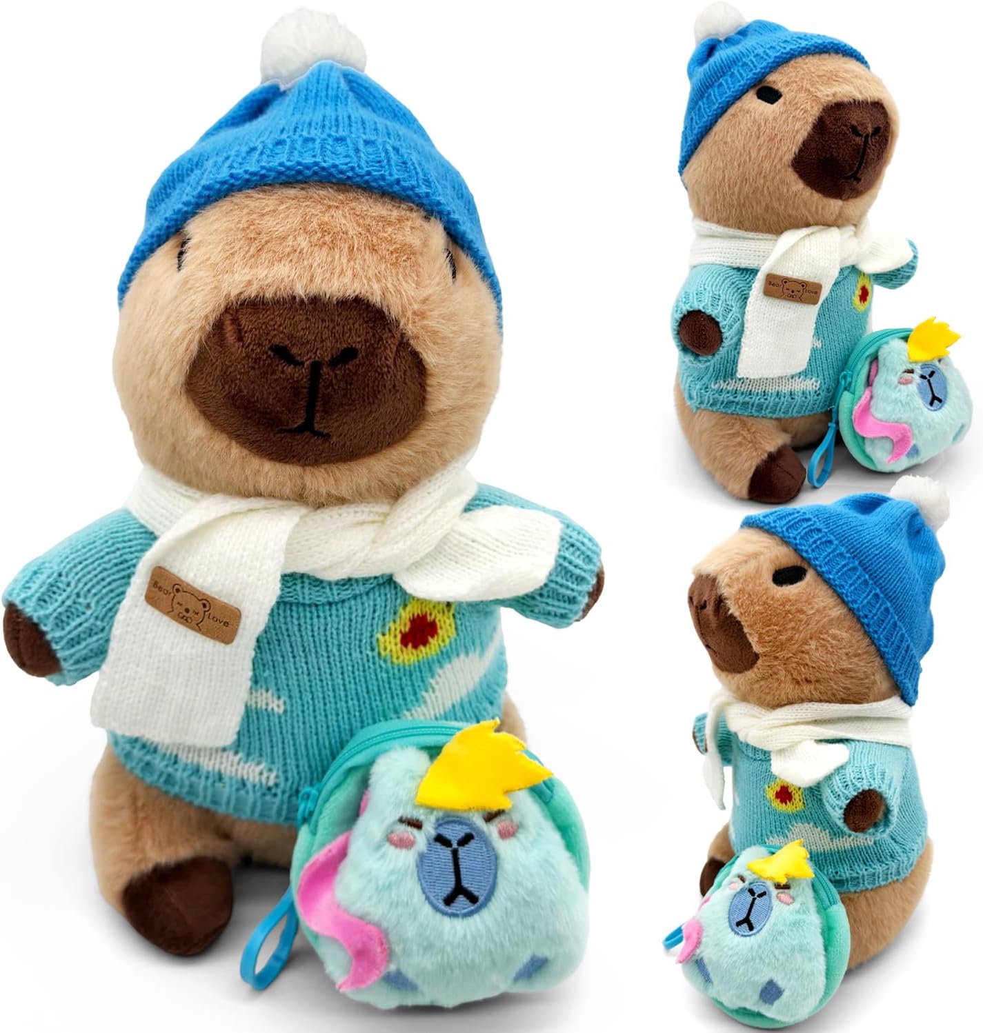 11Pcs Capybara Plush Toy, Capybara Stuffed Animal with 10 Clothes and Accessories, 10 inch Super Soft Capybara Toys for Kids Girls Boys, Role Play Dress Up Gifts (Blue)