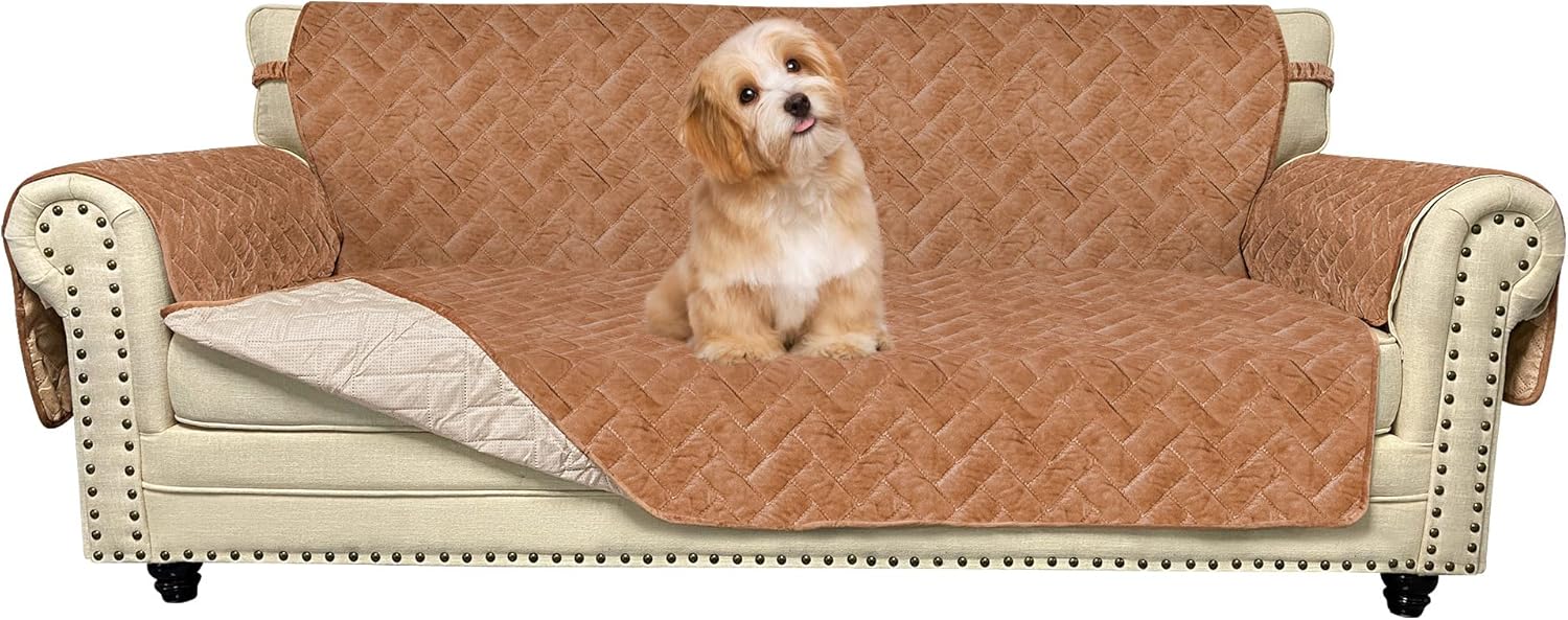 Fixseed Velvet Couch Covers Soft Sofa Covers for 3 Cushion Couch Non-Slip Couch Cover for Dogs, Washable Sofa Slipcovers Plush Sofa Cover with Elastic Band and Pocket (Loveseat (66''), Brown) Brown Coral Velvet 2 cushion couch sofa (66'')