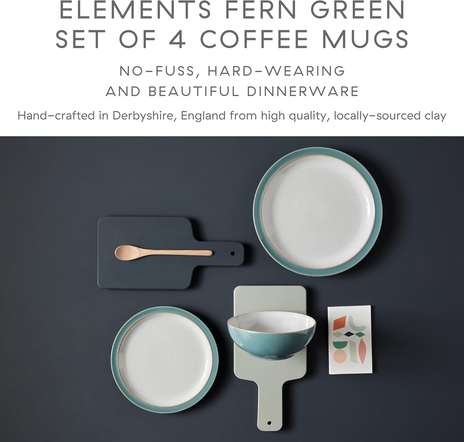 Denby - Elements Fern Green Large Coffee Mug Set of 4-11.15 Ounce Stoneware Tea Cup Mug Set For Office & Home - Dishwasher Safe, Microwave Safe - Ceramic Tea Cups With White Glaze, Chip Resistant