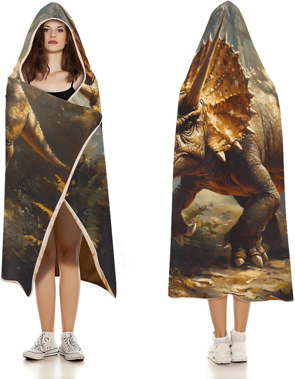 Triceratops in The Forests Fashion Wearable Blanket Hoodie Fleece Throw Cloak Robe Unisex