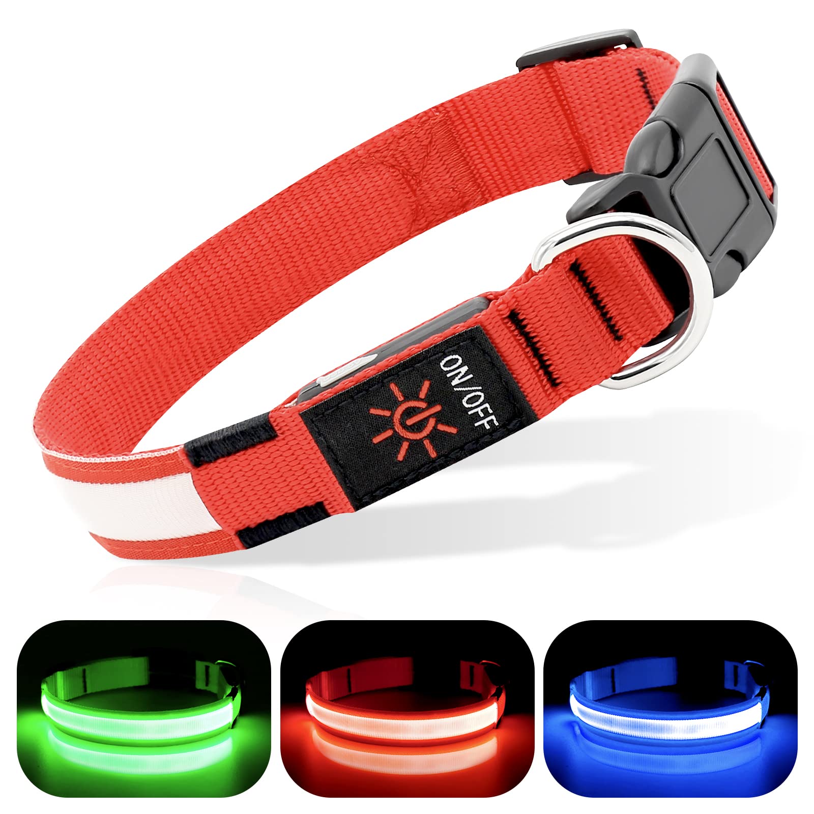 BSEEN Collare per cani che si illumina, collare per cani a LED ricaricabile, impermeabile, riflettente, con luci natalizie che si illuminano al buio, per passeggiate notturne (rosso rubino, M)