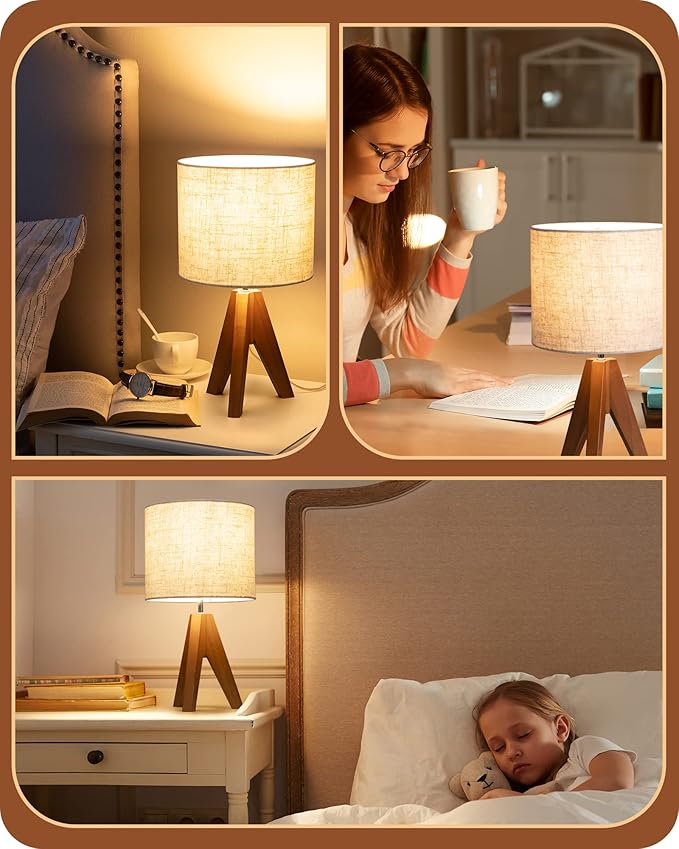 EDISHINE EDISHINE Tripod Table Lamp, Small Cute Bedside Lamp with Linen Beige Lampshade, Nightstand Lamp for Nursery, Bedroom, Kid Room, Living Room, Light Brown Wooden Base, E26 Socket, 14.2 Inch photo 2