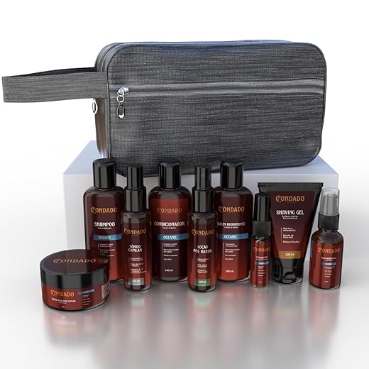 Kit Barba Completo Necessaire Shampoo Condicionador Balm Óleo Hidratante Tônico Crescimento Masculino (Oceano + Necessaire Cinza)