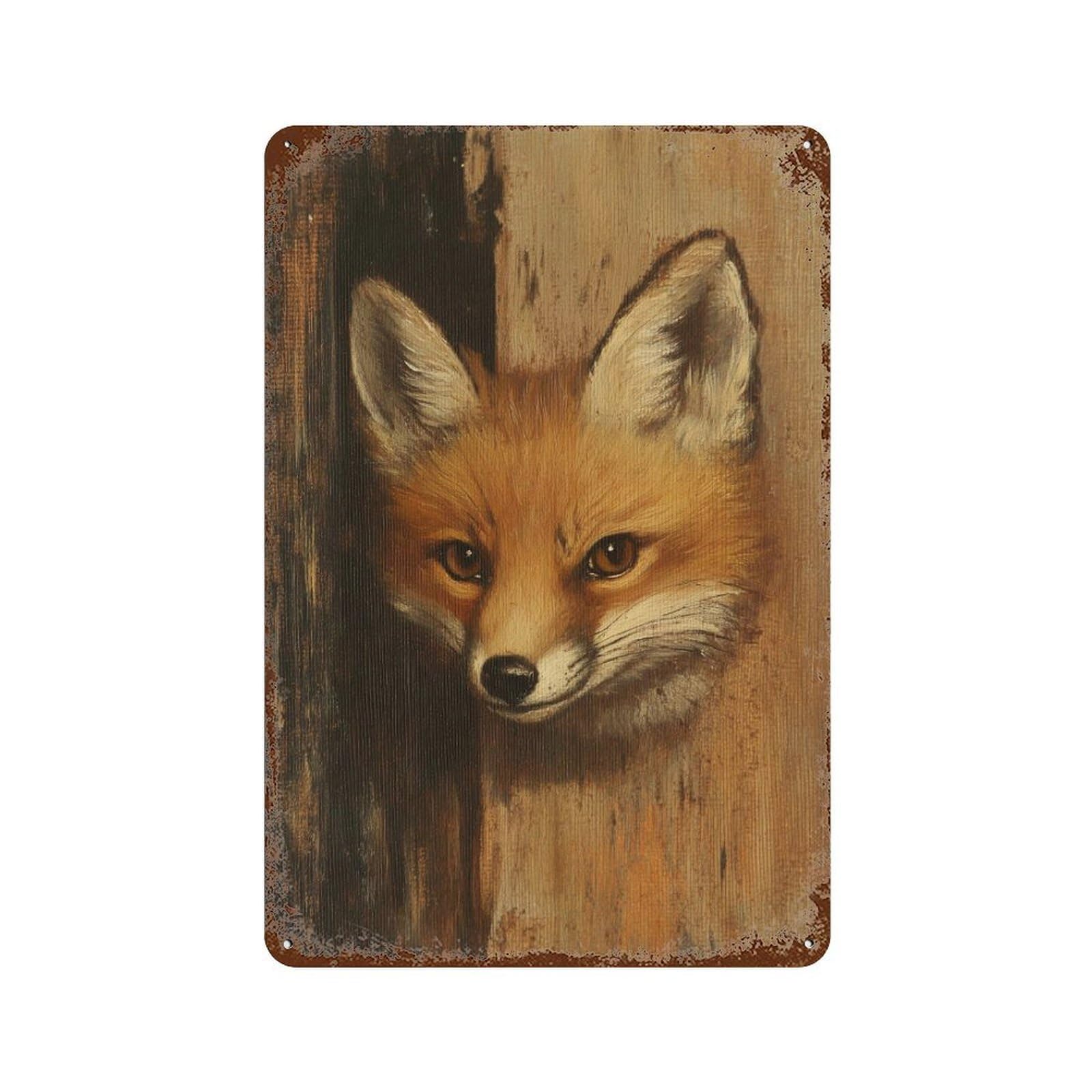 Rust Effect Fox Painting Wildlife Art Rusty Metal Tin Sign 11.8"x7.9", Industrial Home Decor for Living Room, Hallway And Home Decor