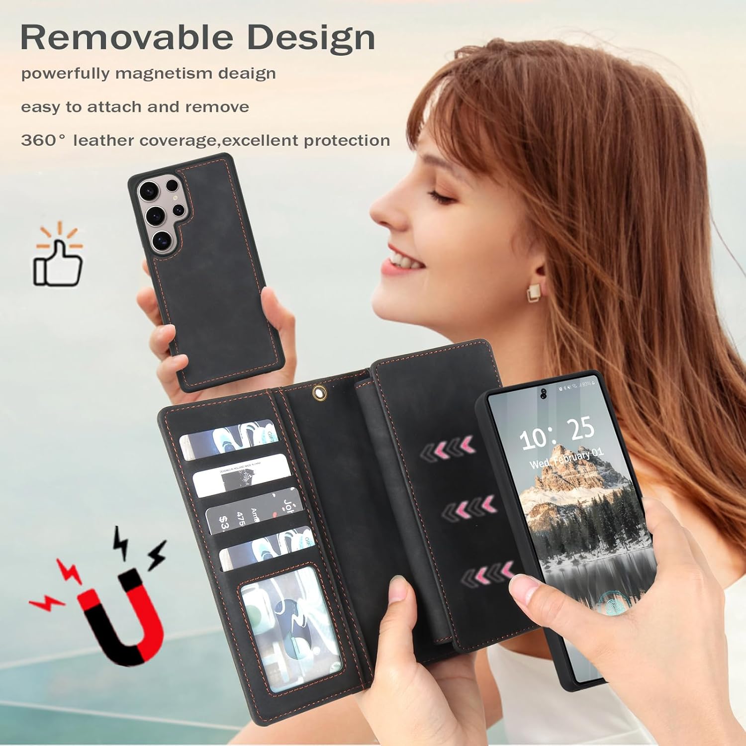 TwoHead for Samsung Galaxy S25 Ultra Wallet Case with Card Holder, Detachable Magnetic Phone Case for S25 Ultra,PU Leather All-Round Protective Phone Case Wallet with Wrist Strap,Black - Image 6