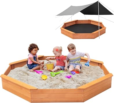 Nicedday Wooden Octagon Sandbox with Cover Large Sandpit for Kids Outdoor Large Sandbox with Lid with 4 Benches Bottom Liner for Backyard Garden Lawn Quick Easy Install1