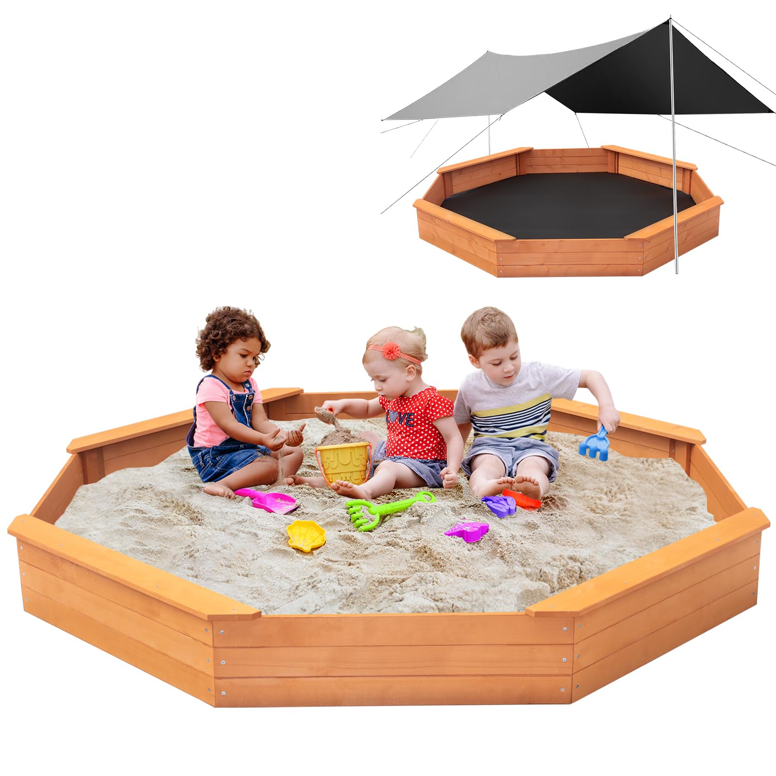 Nicedday Wooden Octagon Sandbox with Cover Large Sandpit for Kids Outdoor Large Sandbox with Lid with 4 Benches Bottom Liner for Backyard Garden Lawn
