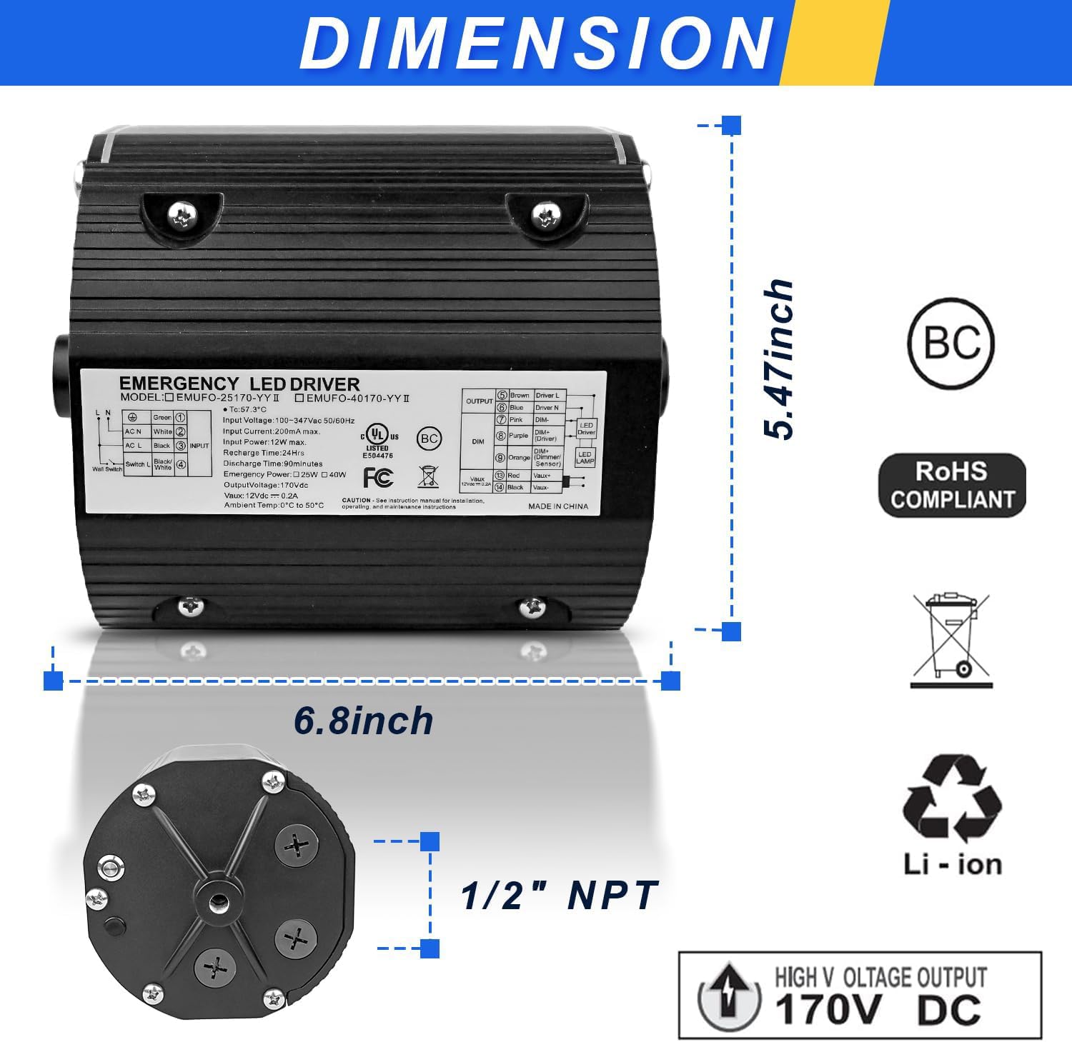 40W LED Emergency Backup Driver for Dimmable UFO LED High Bay Light, Emergency Time 90 Minutes, Rechargeable UL Listed Backup Battery, Input AC 100-347V Output DC 170V, 5 Year Warranty (1 Pack)