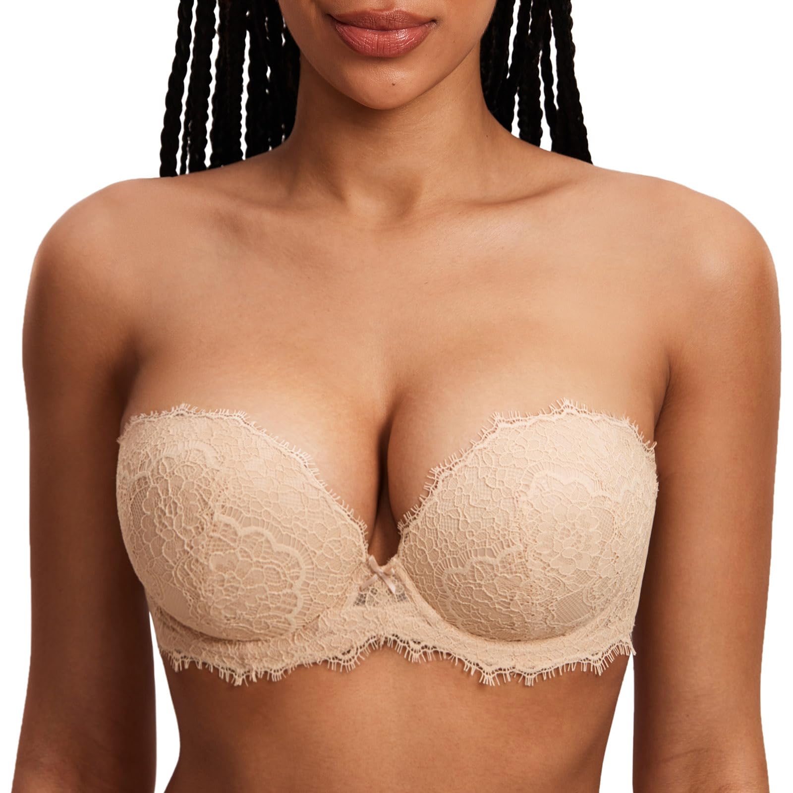 DOBREVA Damen Trägerloser Push Up BH Spitzen Tiefer Ausschnitt Bügel BHS Gepolsterter mit Abnehmbaren Trägern