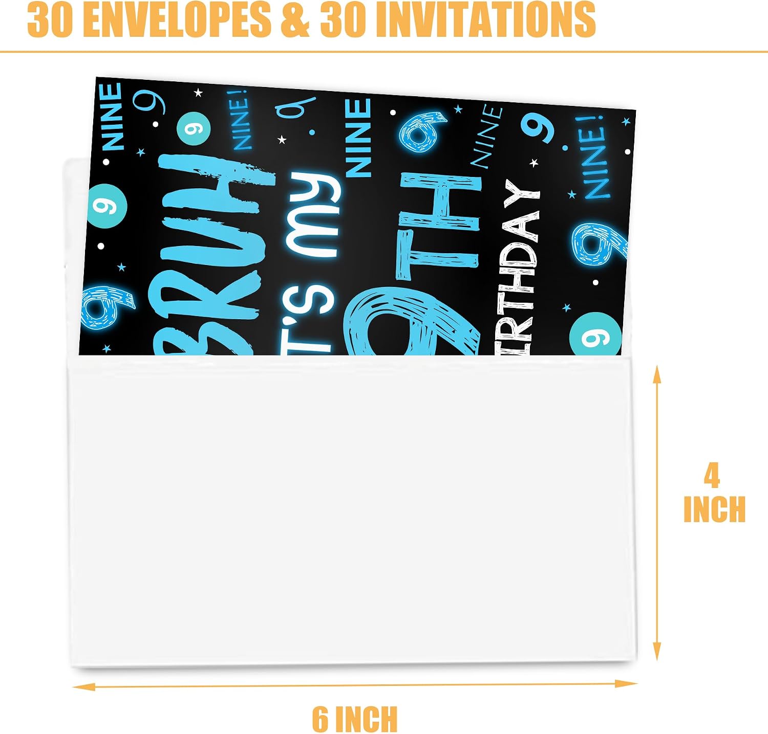 VIVORA 9th Birthday Invitation Card for Boys Girls, Neon 9 Year Old Birthday Party Invites, 30 Cards & 30 Envelopes, 4x6 Inches, Double-Sided