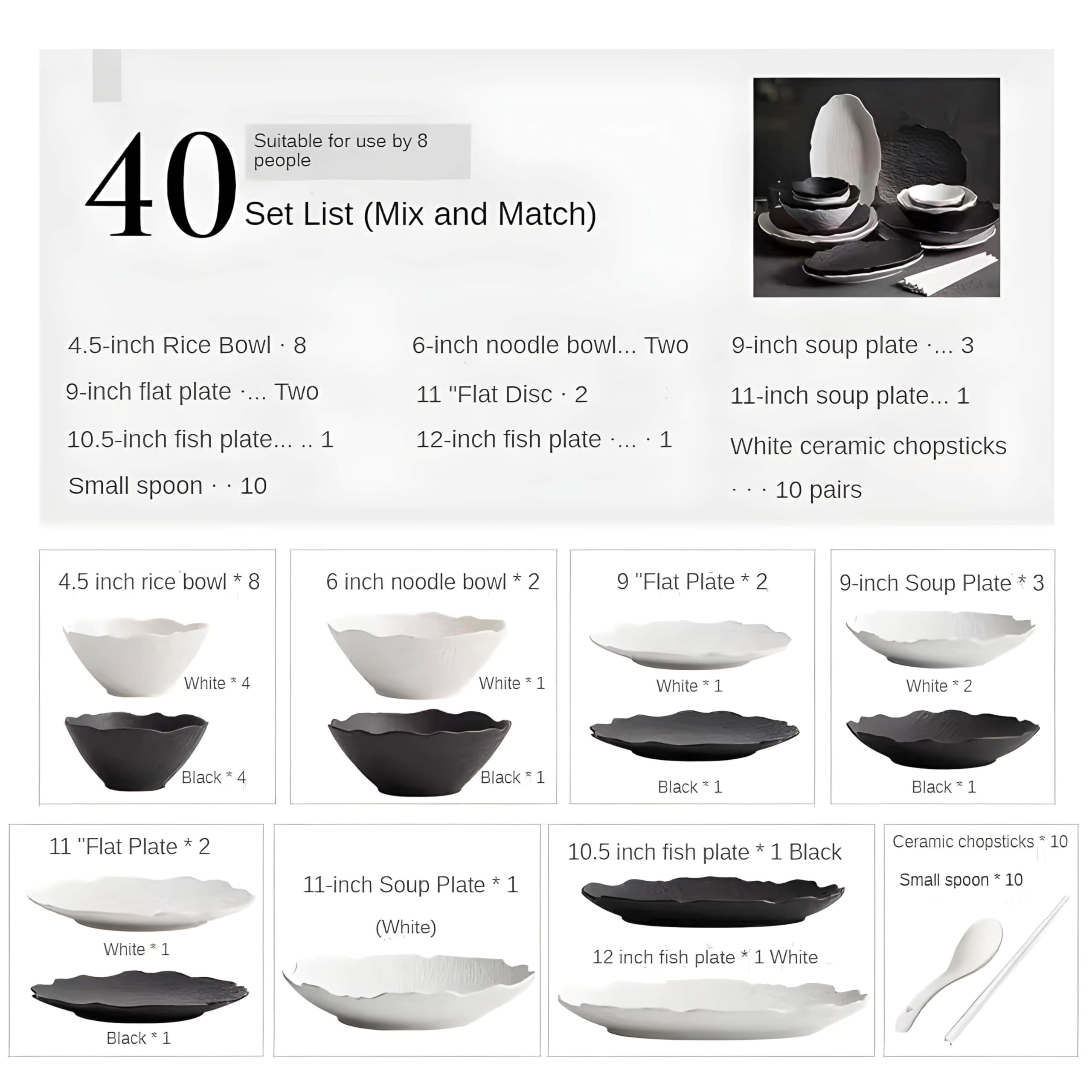 Genérico Vajillas Completas Platos Vajilla Vajillas Completas Modernas Juego De Vajilla Blanca Y Negra con Diseño De Patrón De Piedra Estilo Simple (40 Pieces Mixed)