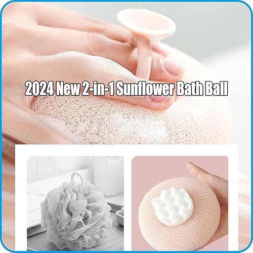 Miniatura 2 de Bola de baño de girasol 2 en 1 2024, bola de baño con ventosa de girasol súper suave, cepillo de limpieza de esponja de baño exfoliante con ventosa,