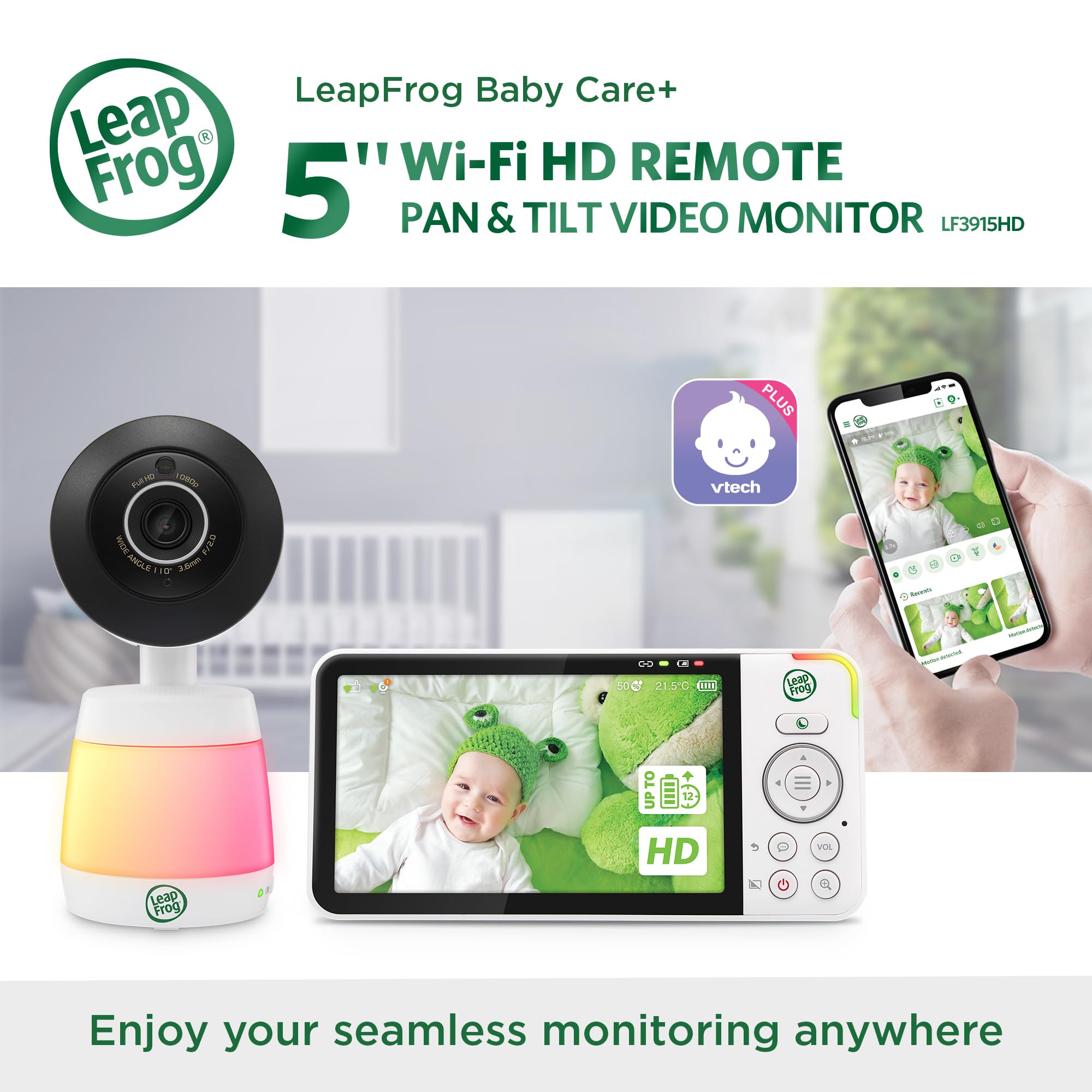 Leapfrog LF3915HD Smart WiFi Video Baby Monitor with Camera & Audio,Remote Camera Pan-Tilt-Zoom,5" HD 720p Display,110 Wide-angle view,Color Night Vision,Adaptive Touch Color Night Light,Two way talk - Image 2