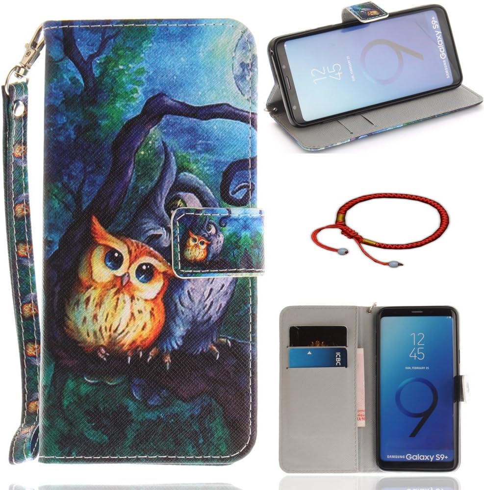GOCDLJ Samsung Galaxy S9 Plus PU Leather Flip Cover Cell Phone Case Wallet Stand Function with Lanyard Strap Magnetic Holder Cash Pocket Shell Design The Owl Under the Tree