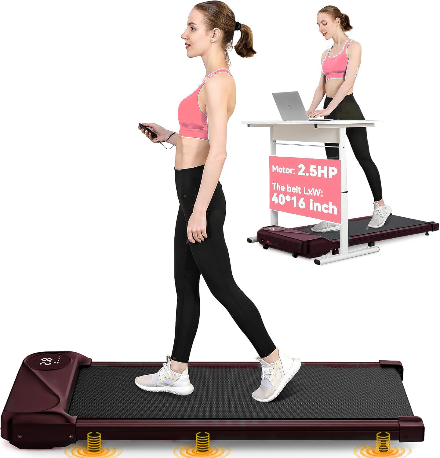 THERUN Schreibtisch Walking Pad mit Leise 2,5 PS-Motor, 2 in 1 Kleines Laufband mit Fernbedienung und LED-Panel für Zuhause und Büro (Braun)