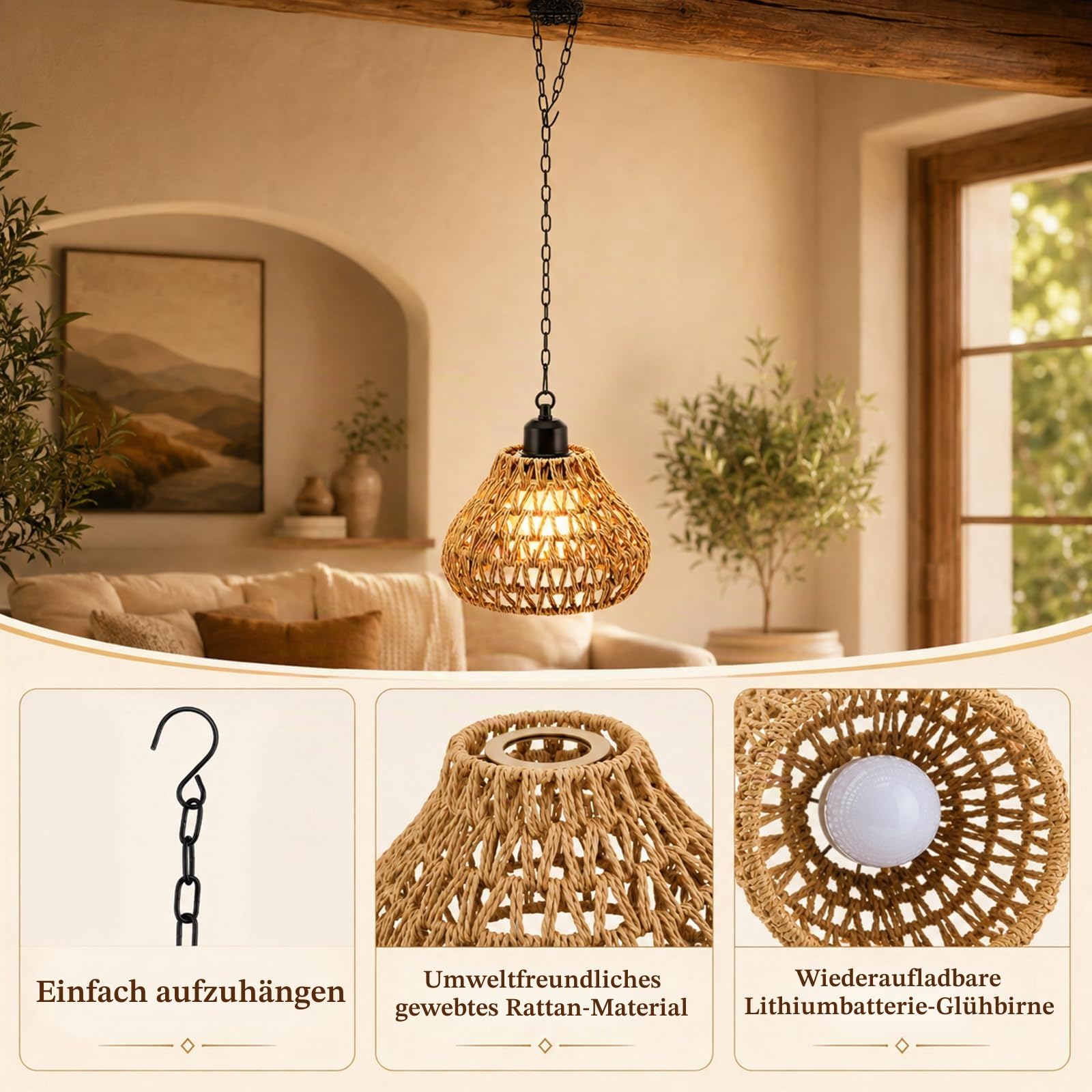 2 Stück hängelampe outdoor mit Fernbedienung, Boho Batteriebetriebene Lampe Hängeleuchte Ohne, IP65 Hängeleuchte Boho Rattan, Tragbare für Innen Außen Garten Terrassen Schlafzimmer Esstisch