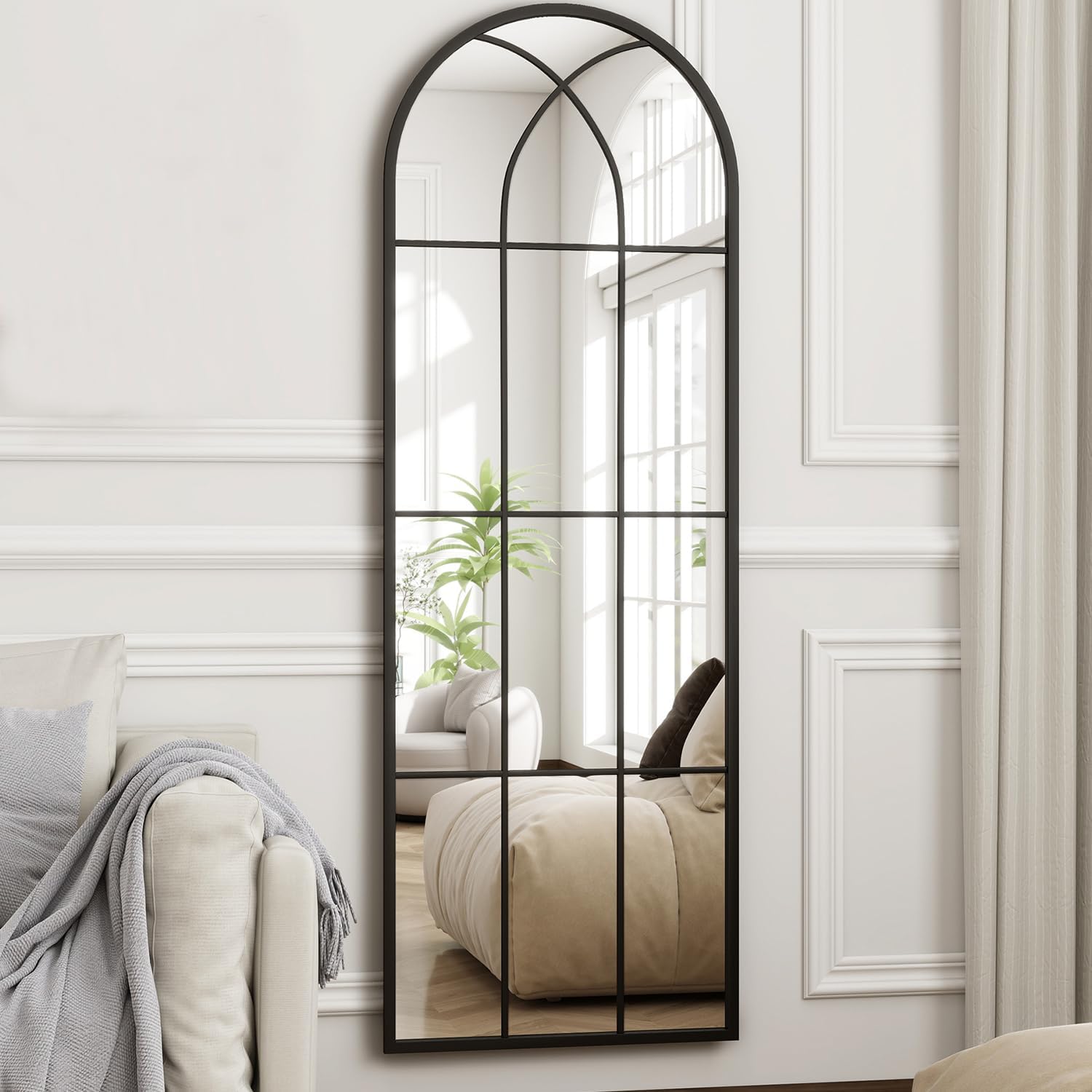 TinyTimes 65"x 22" Arched Full Length Window Wall Mirror,Winndow Pane Mirror, Farmhouse Arched-Top Mirror with Metal Framed, Rustic Decorative Mirrors - Black