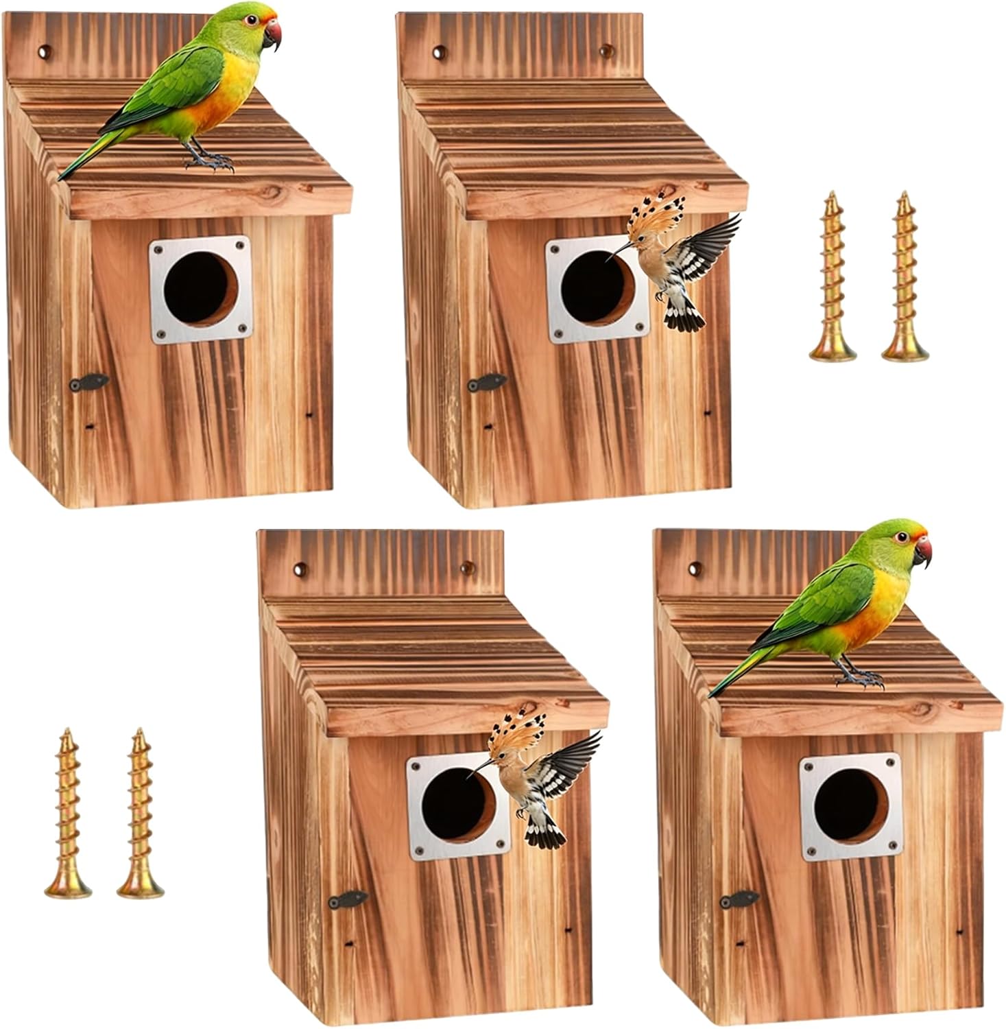 4 pcs Outdoor Bird House Set,Bird Houses for Outside with Metal Predator Guard, Bird House with 1-1/2" Entrance,for Bluebirds, Wrens, Finches (Classic, 4pcs)